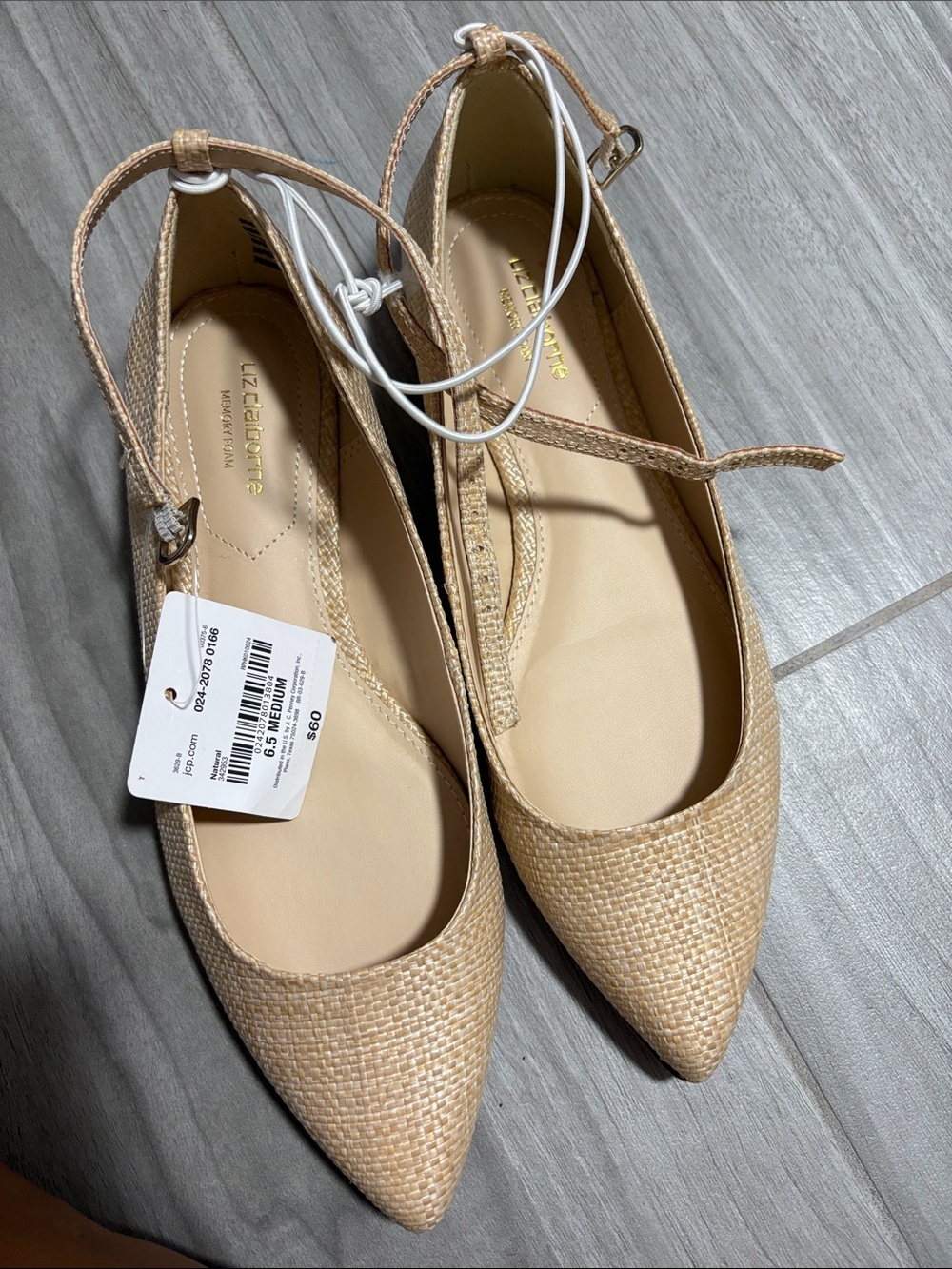 Liz Claiborne Tan Woven Pointed Toe Ankle Strap Flats